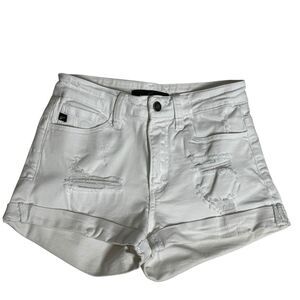 Kancan Womens 5/26 White Denim Distressed Stretch Cuff Shorts Casual Summer Vcay